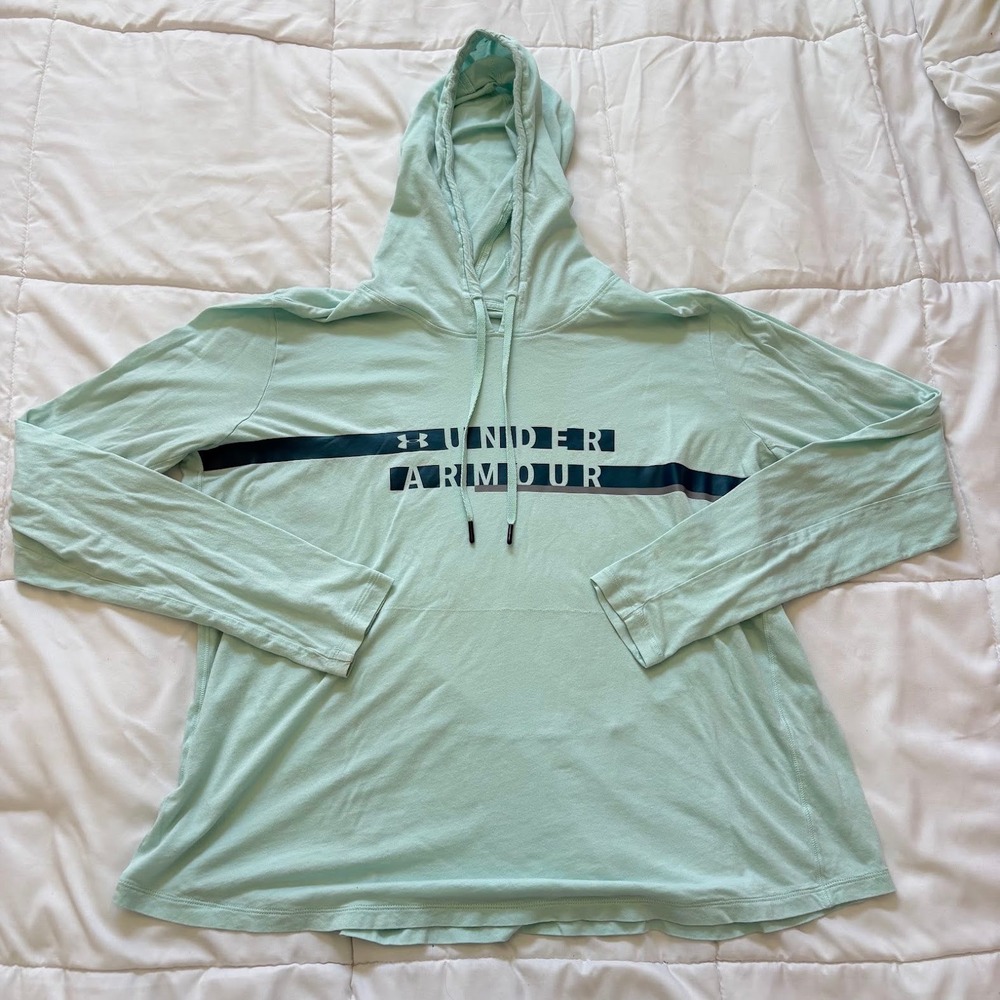 Under Armour Mint Green Long Sleeve Hooded Shirt Loose Fit XL Thumbholes Active